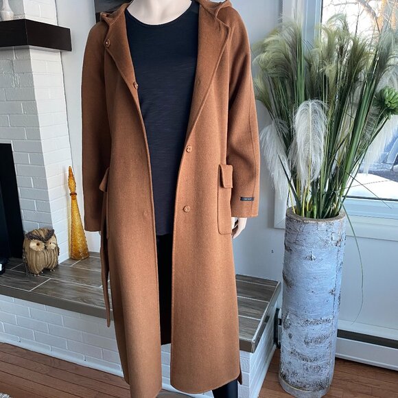 JUNGE Cinnamon Wool Blend Fur Hooded Trench Coat Fits10 - Picture 4 of 16